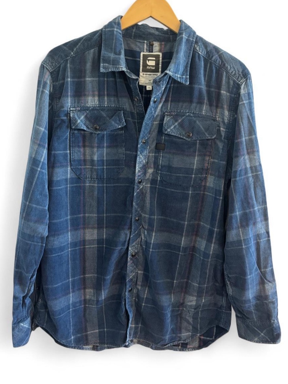 G-Star Size XXL Western Corduroy Blue Plaid Button-Down Shirt Retail $128